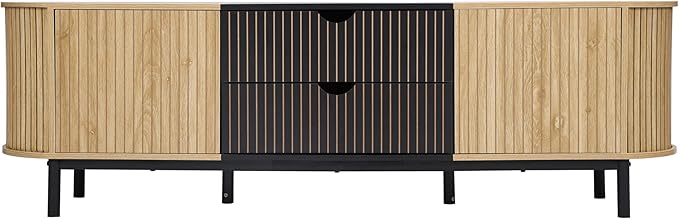 71" Tambour Door TV Stand,Wood Mid Century Modern TV Cabinet for Up to 85“ TV,Curved Edge Long TV Stand with Storage for Bedroom Living Room(Natural, 71inch)-CasaMuseHome