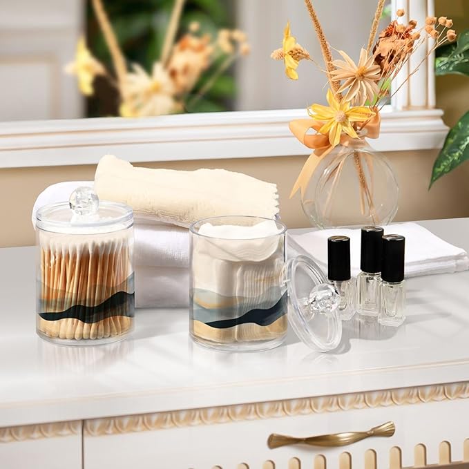 2 Pack Qtip Holder Organizer Dispenser Marble Mountain Bathroom Storage Canister Cotton Ball Holder Container for Cotton Pads/Swabs/Floss-CasaMuseHome