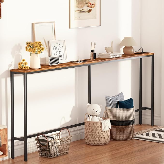80.7'' Narrow Sofa Table with 2 Power Outlets (6 AC Outlets & 4 USB Ports), Thin Console Tables Narrow Long, Behind Couch Table Skinny for Entryway, Living Room, Hallway, Foyer, Rustic Brown-CasaMuseHome