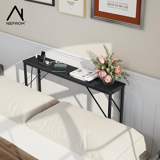 39.4" Console Table, Skinny Entryway Table with Fast-Charging Station, Narrow Long Sofa Table, Behind Slim Couch Table for Entrance, Hallway, Living Room Decor ST-BK100-1-CasaMuseHome