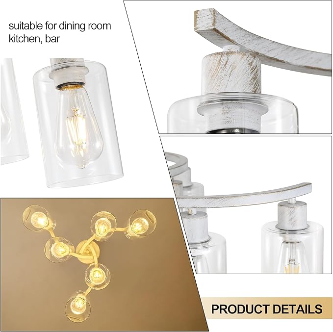 6-Light Antique White Chandelier with Clear Glass Shade, French Country Chandeliers for Dining Room, Adjustable Height Hanging Farmhouse Pendant Lighting for Kitchen Island Entryway Office-CasaMuseHome