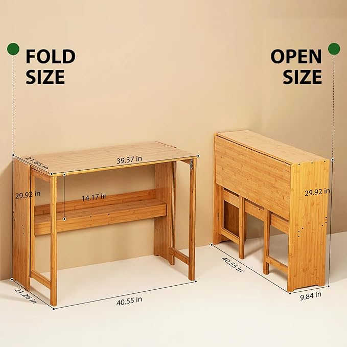 39.37" Bamboo Folding Desk,Space-Saving Computer Desk for Small Spaces, Foldable Study Table for Bedroom, Home Office, Dorm, Apartment (Natural)-CasaMuseHome