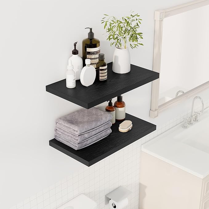 24" Floating Shelves for Wall, 12" Deep Slim Black Floating Shelves, Wall-Mounted Shelves for Bedroom, Living Room, Kitchen, Bathroom - Set of 2-CasaMuseHome