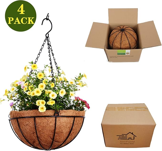 4 Pack 10 inch Metal Hanging Planters Basket with Coco Coir Liner Outdoor-Hanging Baskets for Plants Outdoor,Metal Wire Baskets with Window Box Planters, Hanging Flower Pots for Railings-CasaMuseHome