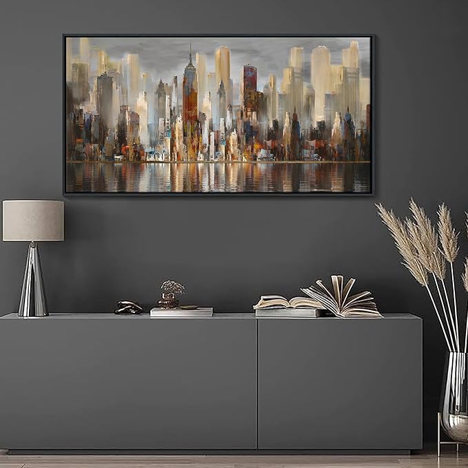 Abstract Brown New York City canvas Wall Art Framed Large Wall Art for Living Room Modern Paintings for Bedroom Cityscape New York Wall Decor Artwork Wall Pictures for Office and Bedroom 24×48in-CasaMuseHome