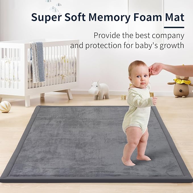 ACOMOPACK Baby Play Mat for Floor 1.3" Thick Memory Foam Play Mat 79"×157" Tummy Time Crawling with Non-Slip Bottom for Living Room,Nursery,Soft Velvet Playpen Mats for Kids,Infants(Dark Grey)-CasaMuseHome
