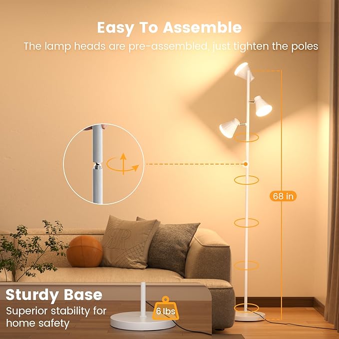 36W LED Tree Floor Lamp, Dimmable Tall Standing Lamp with Remote & Touch Control, 4 Color Temperatures Bright Floor Lamp, 3 Rotatable Light Modern Floor Lamps (White)-CasaMuseHome