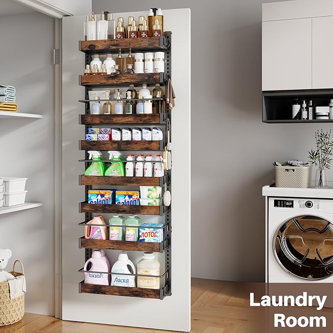 8 Tier Over The Door Pantry Organizer, 2 IN 1 Wall Mount or Metal Hanging Spice Rack for Pantry Organizers and Storage, Seasoning Shelves,Adjustable Basket with Hooks for Kitchen, Bathroom,Laundry-CasaMuseHome
