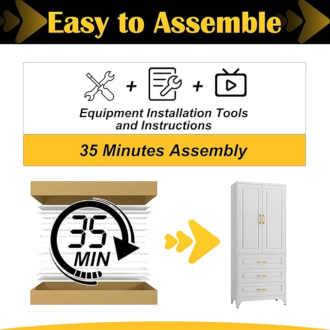 75" Kitchen Pantry Cabinet with 3 Drawer,Metal Storage Cabinets with Doors and 4 Adjustable Shelves,White Kitchen Cabinet with 2 Gold Handles,Food Cupboard for Livingroom,Pantry, Bathroom-CasaMuseHome