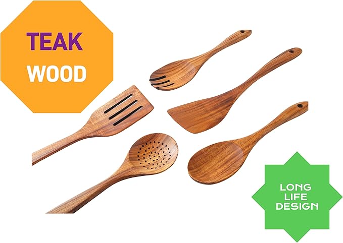 5 Piece Wooden Spoons for Cooking - Natural Finish Wooden Cooking Utensils - Soft Grip Wood Spoons - Non-Stick Wooden Spoons-CasaMuseHome