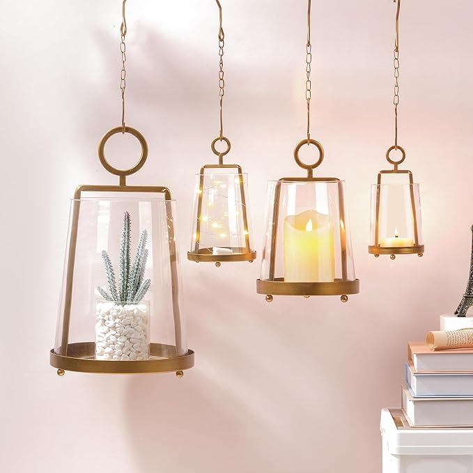 3'3" Wide Modern Metal Hurricane Lantern with Handmade Sturdy Glass Sleeve in Brass for Tealight Candle & Plants, Farmhouse Hurricane Industrial, Minimalistic, Shabby Chic (1, Brass, 3.3"x5.2")-CasaMuseHome