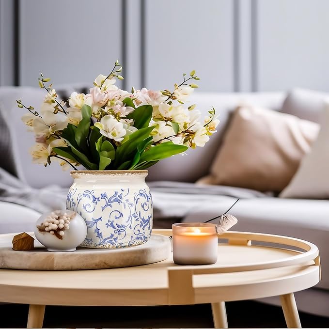 1 Pcs Vintage Planter Large Ceramic Plants Pot Blue Chinoiserie Crack Cottage Scroll Vase Flower Vase Pot Indoor Plants Home Kitchen Decor Farmhouse Antique Decorative Gift-CasaMuseHome