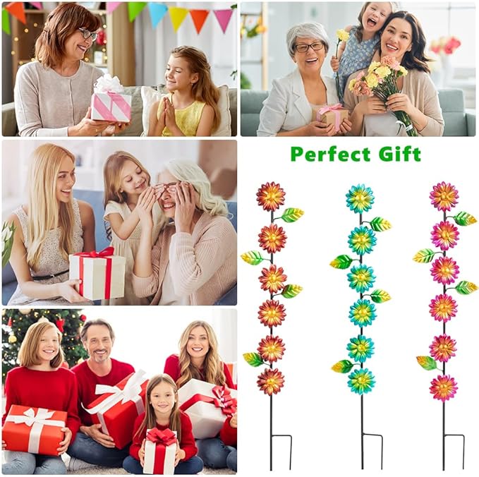 3Pack Flowers Decorative Garden Stakes,Spring Outdoor Metal Flowers Decorations,Metal Yard Art for Outside Patio Porch Decor(22.6 * 5.1IN)-CasaMuseHome