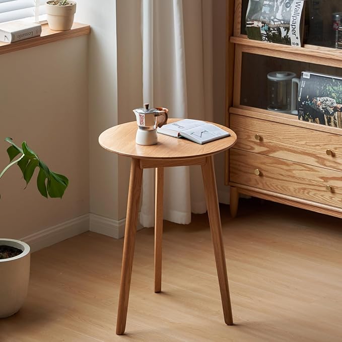 100% Solid Oak Small Tall Side Table, Mid Century Modern Coffee Table for Small Spaces, Living Room End Table with Stable Frame for Bedroom Couch, (Natural, 21.65" D x 21.65" W x 29.53" H)-CasaMuseHome