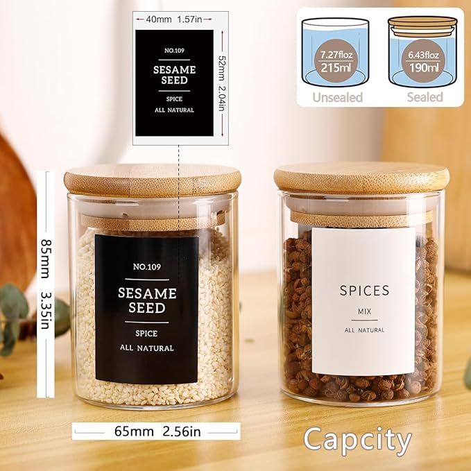 12 Pcs Glass Spice Jars With 296 Spice Labels Preprinted of White and Black Color- 6oz Thicken(2.4mm) Spice Containers With Bamboo Airtight Lids - Empty Small Herb Seasoning Jars-CasaMuseHome