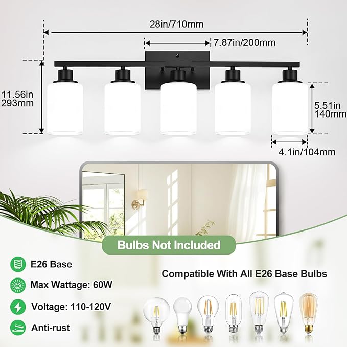 5-Light Black Bathroom Vanity Light Fixture with Milky White Frosted Glass Shades, Bathroom Light Fixture for Mirror, Matte Finish, Reversible Up/Down Lighting for Bedroom, Living Room, Hallway-CasaMuseHome