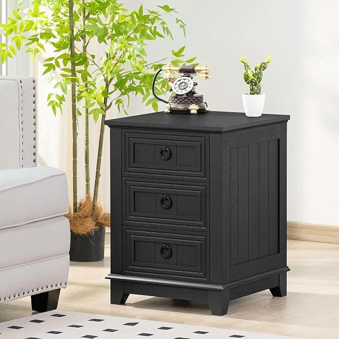 18" Night Stands Set of 2 with Charging Station, Farmhouse 2 & 3 Drawers End Table Dresser for Bedroom, Black Wooden Nightstand, Bed Side Table with Open Shelf, Bedside Cabinet for Living Room-CasaMuseHome