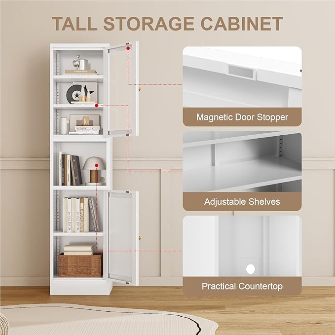 67" Tall Bathroom Storage Cabinet, Narrow Metal Floor Cabinet with Glass Door and Adjustable Shelves, Freestanding Metal Locker for Laundry, Kitchen, Dining Room-CasaMuseHome