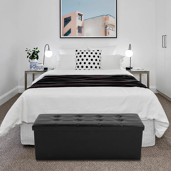 43 Inches Folding Storage Ottoman Bench, PU Leather Storage Chest, Footrest Padded Seat for Bedroom and Hallway, Holds up to 660 lbs, Black-CasaMuseHome