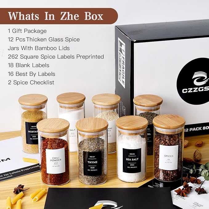 12 Pcs Glass Spice Jars With 296 Spice Labels Preprinted of White and Black Color- 10oz Thicken(2.4mm) Spice Containers With Bamboo Airtight Lids - Empty Small Herb Seasoning Jars-CasaMuseHome