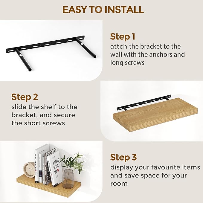 48 Inch Floating Shelves Set of 2, Rustic 48 x 9 Floating Shelf for Wall, 9 Inch Deep Bookshef Invisible Bracket, Wall-Mounted Deep Shelving for Bedroom, Kicten, Living Room, Oak Color-CasaMuseHome