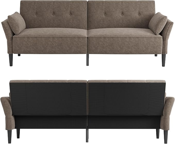 89” Futon Sofa Bed, Comfy Futon Couch Bed with 2 Square Pillows, Convertible Sleeper Sofa with Adjustable Backrest& Armrests, Modern Loveseat Sleeper for Living Room, Bedroom, Light Brown-CasaMuseHome