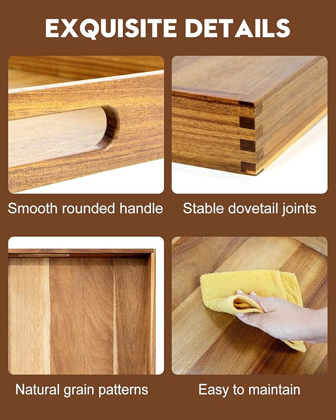 22 Inches Square Acacia Wood Ottoman Tray, Extra Large Wooden Serving Tray with Handles for Living Room, Serving Food Breakfast, Ottoman Coffee Table Couch Sofa Kitchen-CasaMuseHome