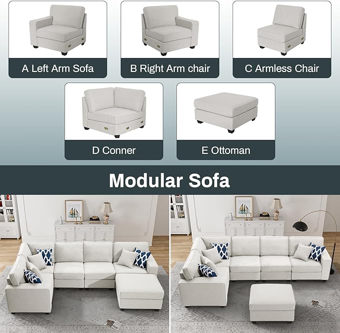 L Lengend Vansen Modular Sectional Sofa U Shaped Couch with Ottoman Modern Reversible Corner Sectional Couch for Living Room (Cream, U Shaped Sofa-1)-CasaMuseHome