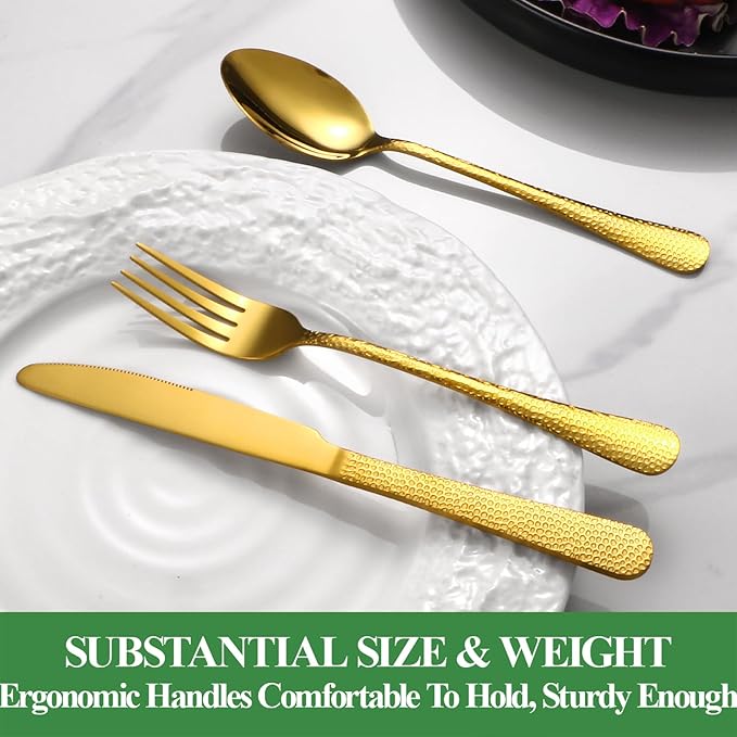 40 Pcs Gold Silverware Set for 8 with Hammered Design, Food Grade Stainless Steel Flatware Set, Eating Utensils Sets Include Fork/Knife/Spoon, Cutlery Set, Dishwasher Safe-CasaMuseHome