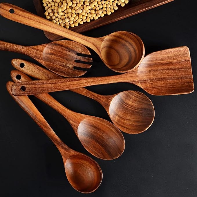 12 Pack Wooden Spoons for Cooking - Natural Teak Kitchen Utensils Set with Spatulas-CasaMuseHome