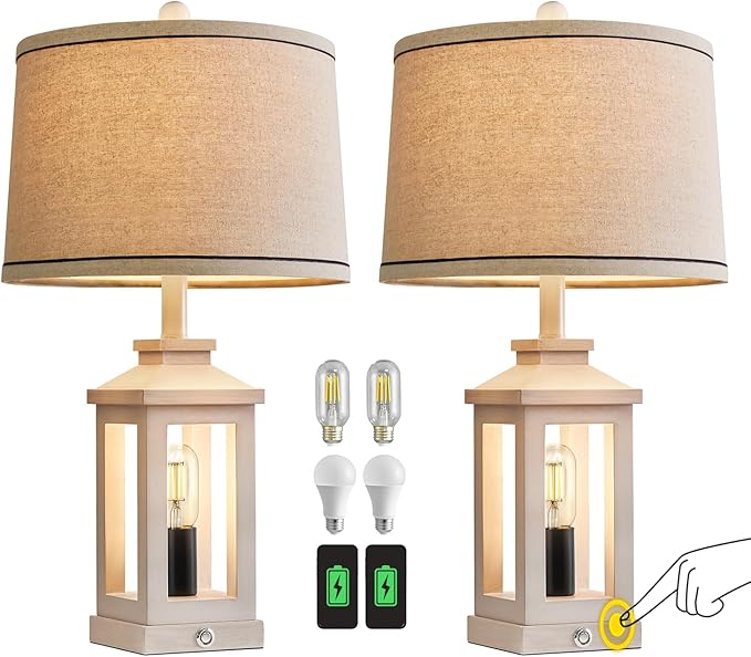 23.75" Retro Farmhouse USB C+A Ports Table Lamp Set of 2 with 3 Way Dimmable Touch Control White Nightlight Vintage Modern Lamp for Living Room Bedroom with 2 Light Sources-CasaMuseHome