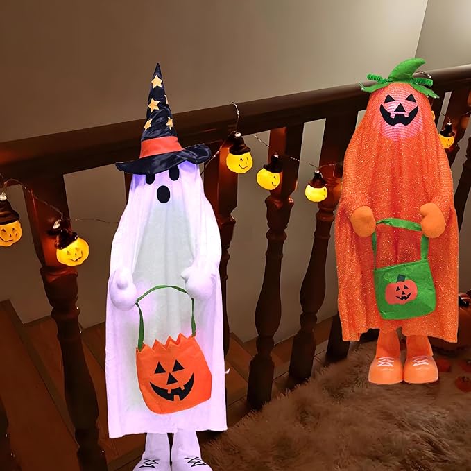 37" Cute Front Porch Light Up Halloween Ghost Décor, Kids Standing Trick or Treat Indoor and Outdoor Decorations-Star Moon-CasaMuseHome