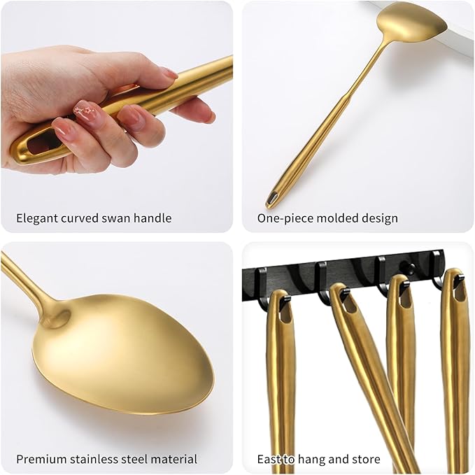 304 Stainless Steel Cooking Utensils,6 Pcs Kitchen Cooking Utensils Set with Spatula, Solid Spoon, Ladle, Skimmer, Spaghetti Spoon,Dishwasher Safe(Gold)-CasaMuseHome