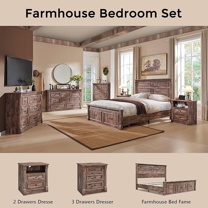 26" Tall Farmhouse Nightstand, 2 Drawers End Table w/Charging Station, 23.6" Wide Large Side Table w/Roman Column, Wood Rustic Sofa Table w/Open Shelf, Bedside Table for Bedroom, Light Brown-CasaMuseHome