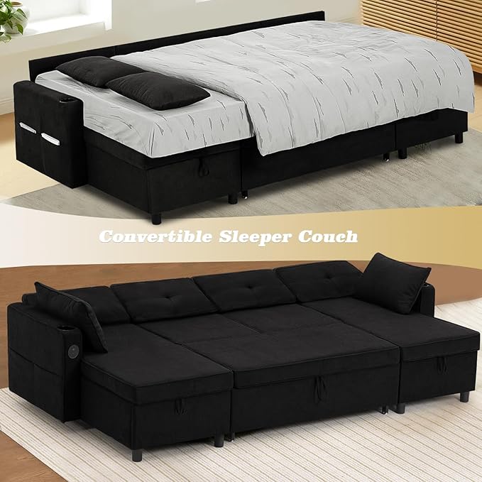 110 Inches Chenille Sectional Sofa w/Pull Out Sofa Bed & Adjustable Back, Tufted U Shaped Couch w/Two Storage Chaises, Sleeper Sectional Sofa w/USB Port & Cup Holders for Living Room, Black-CasaMuseHome