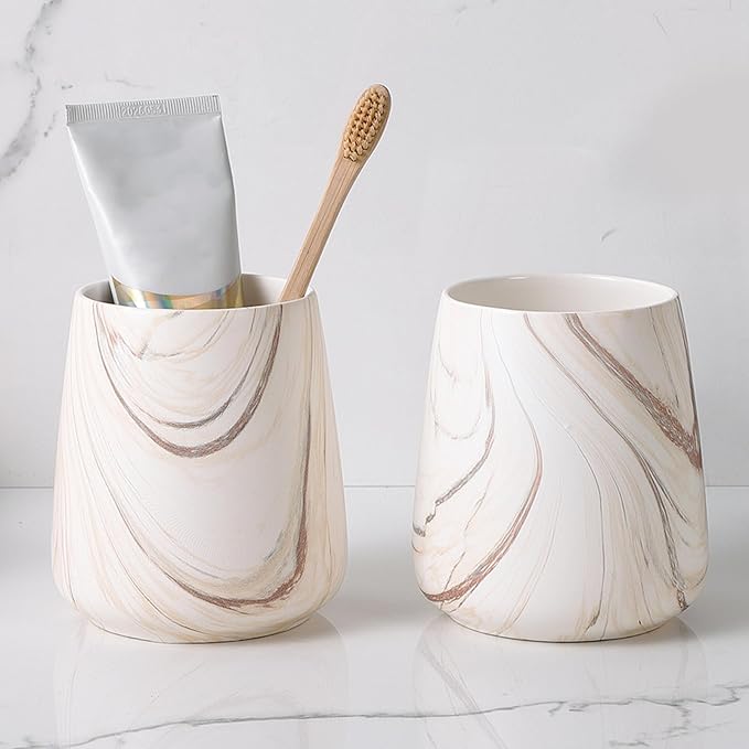2Pcs Toothbrush Holder for Bathroom - Marble Brown Ceramic Tooth Brushing Holders Set, Toothbrush Cup & Toothpaste Organizer for Bathroom Countertop, Makeup Brush Holder, Pen Holder for Home Storage-CasaMuseHome