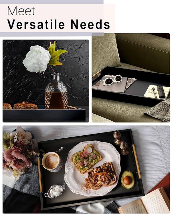 22 Inch Rectangle Black Ottoman Tray with Gold Metal Handles, Extra Large Wooden Serving Tray for Living Room, Coffee Table, Kitchen & Hosting-CasaMuseHome