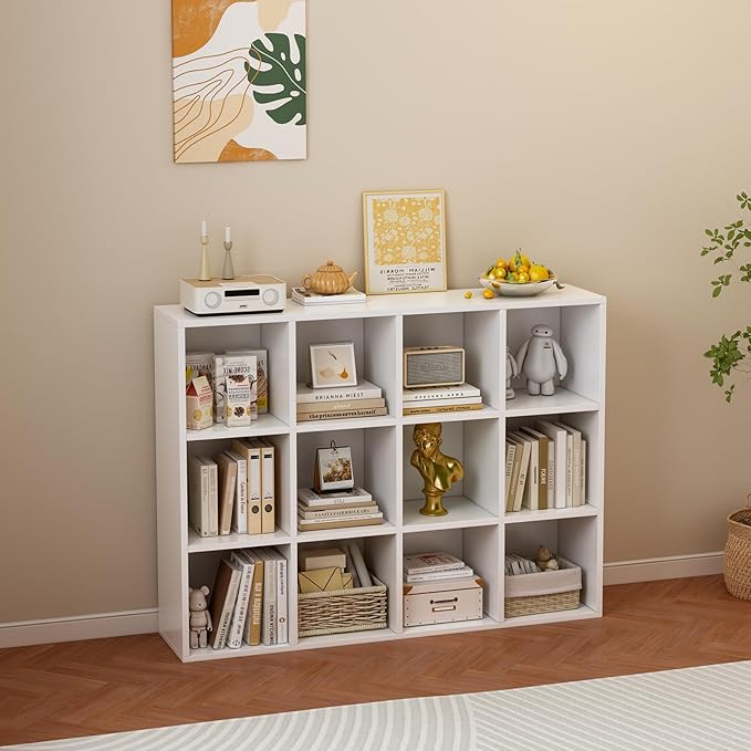 12-Cube Storage Shelf Bookcase - Wooden 3-Tier Floor Standing Open Bookshelf for Home and Office, Display Cabinet, Warm White-CasaMuseHome