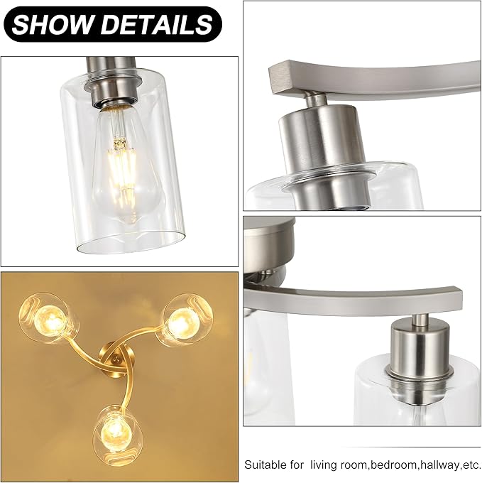 3-Light Brushed Nickel Pendant Lighting for Kitchen Island, Hanging Dining Room Light Fixtures Over Table, Industrial Chandelier for Entryway Hallway Foyer Bedroom, Clear Glass Shade-CasaMuseHome