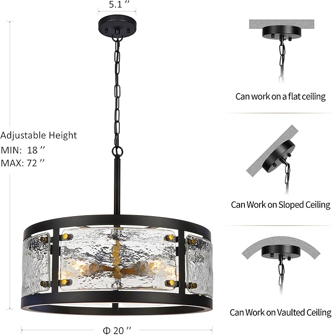 20" Farmhouse Round Black Chandelier, 5-Light Rustic Dining Room Light Fixtures Over Table, Industrial Glass Chandeliers for Dining Kitchen Living Room, Clear Waterglass Drum Shade-CasaMuseHome