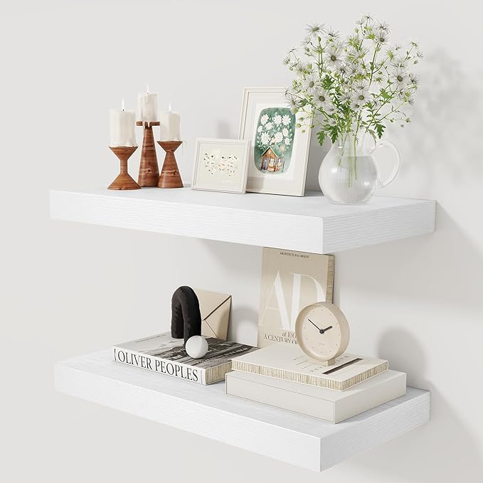 12 Inch Deep White Floating Shelves, 24 x 12 Floating Shelf for Books, Rustic Wood Deep Wall Shelves for Home Storage & Display, 2" Thicked Shelves for Kitchen, Living Room, Bedroom, 2 Pack-CasaMuseHome