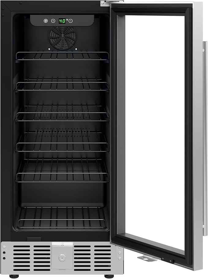 KoolMore 15” Inch Small Built-In Refrigerator and Beverage Cooler for Soda Cans, Beer Cans, Food and Fresh Snacks, 5 Wire Shelves, Adjustable Temperature Range (KM-BIR3C-GD), Stainless Steel