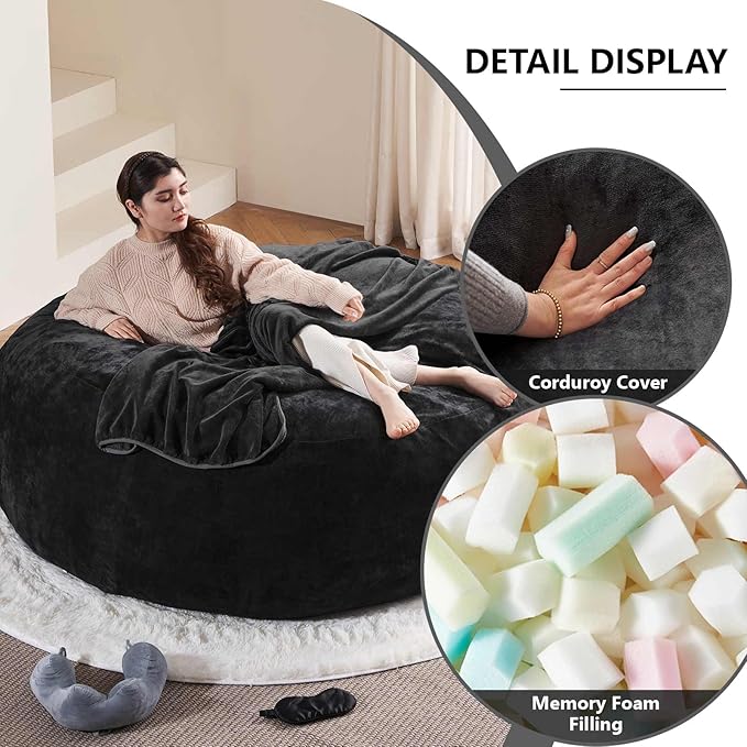 6FT,Oversized Bean Bag Chairs for Adults,Giant beanbag with Filler Included,Fluffy Memory Foam,Soft and Comfy Corduroy Fabric,Gaming Chairs Suitable for Living Room and Bedroom (Black, 6 Foot)-CasaMuseHome