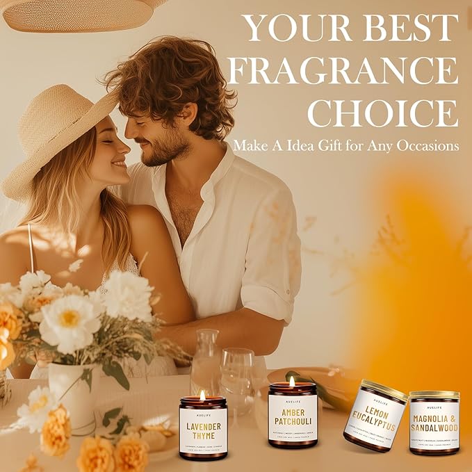 4 Pack Scented Candles Set | Scented Candles for Home, Candle Gifts for Women Men, Soy Candle for Home, Aromatherapy Gift of Amber Patchouli/Lemon Eucalyptus/Lavender/Sandalwood-CasaMuseHome