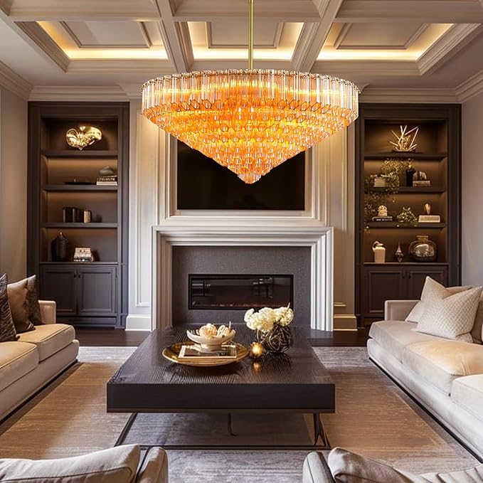 30" Modern Dining Room Chandeliers, 13-Light Amber Crystal Chandeliers, Dimmable Blown Glass Chandelier for Living Room, Round Glod Large Chandelier for High Ceiling, Bedroom, Entryway, Staircase-CasaMuseHome
