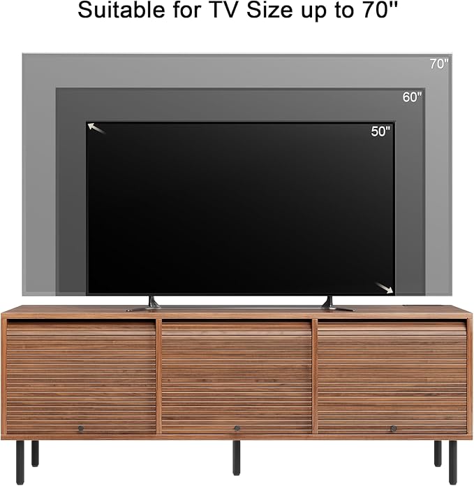 59 Inch TV Stand with Power Outlet for TVs up to 65 Inch, Entertainment Center with Storage, Mid-Century Modern TV Console, Adjustable Shelf & Sliding Doors, TV Stand for Living Room, Bedroom, Walnut-CasaMuseHome
