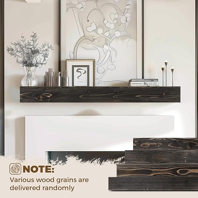 56x8x3 Fireplace Mantel - Handcrafted Hollow Rustic Solid Wood Wall Mounted Floating Shelf with Invisible Heavy Duty Wood Bracket (Weathered Black)-CasaMuseHome