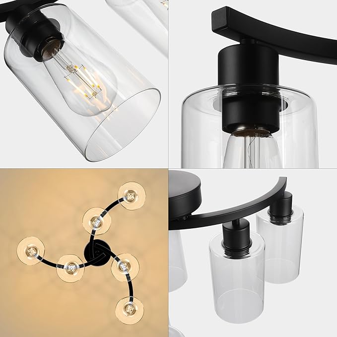 6-Light Modern Farmhouse Black Chandelier, Contemporary Dining Room Light Fixture, Adjustable Height Hanging Industrial Pendant Lights Kitchen Island, Clear Glass Shade-CasaMuseHome