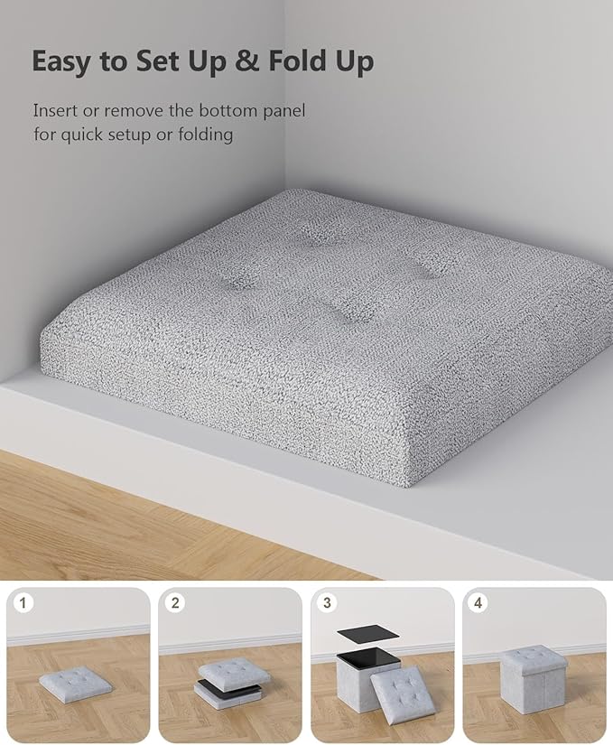15 Inches Small Folding Storage Ottoman Cube, Storage Footrest, Foot Rest Stool, for Living Room, Bedroom, Dorm, Hallway, Entryway, Light Gray-CasaMuseHome