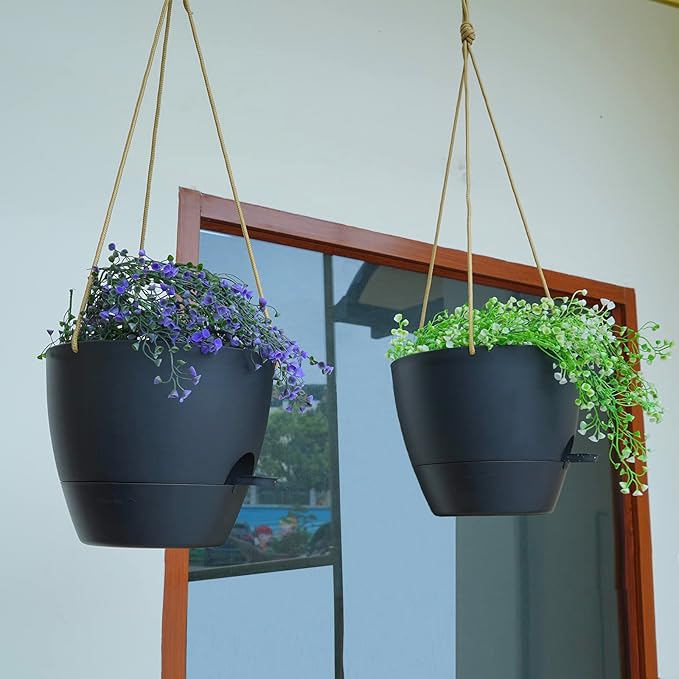 8 inch Hanging Planters, 2 Pack Self Watering Hanging Pots with 20oZ Deep Reservoir for Indoor Outdoor Plants Flowers, Black-CasaMuseHome